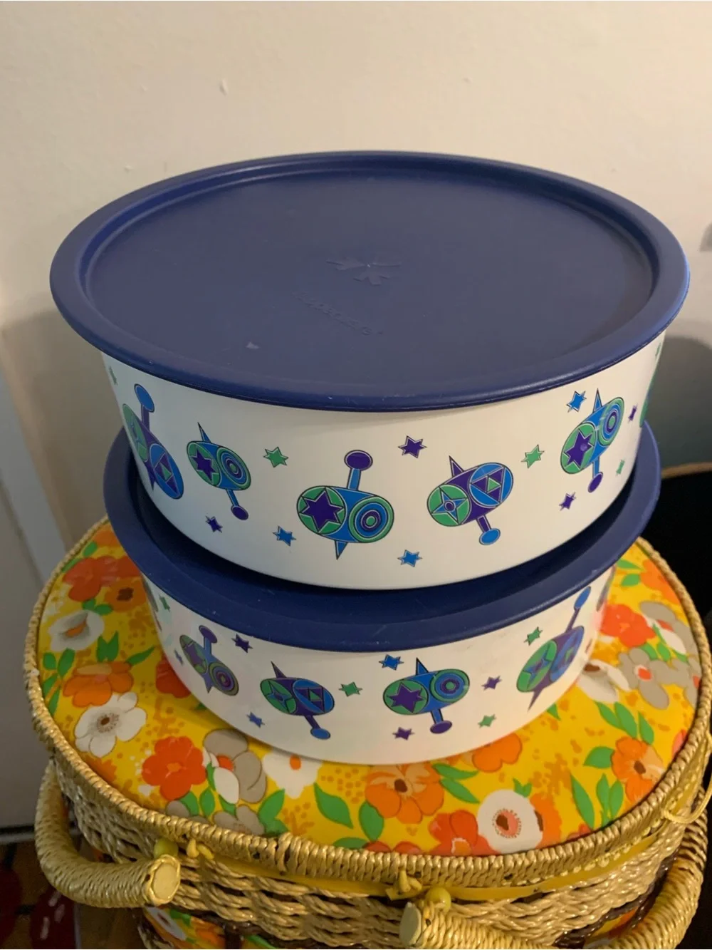 Vintage Set of 2 White Retro Print Storage Tins with Blue Trim Tupperware